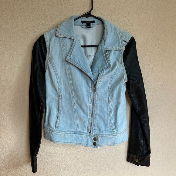 Light Blue Jean Jacket with Faux Leather Sleeves, Size Small - Picture 10 of 11
